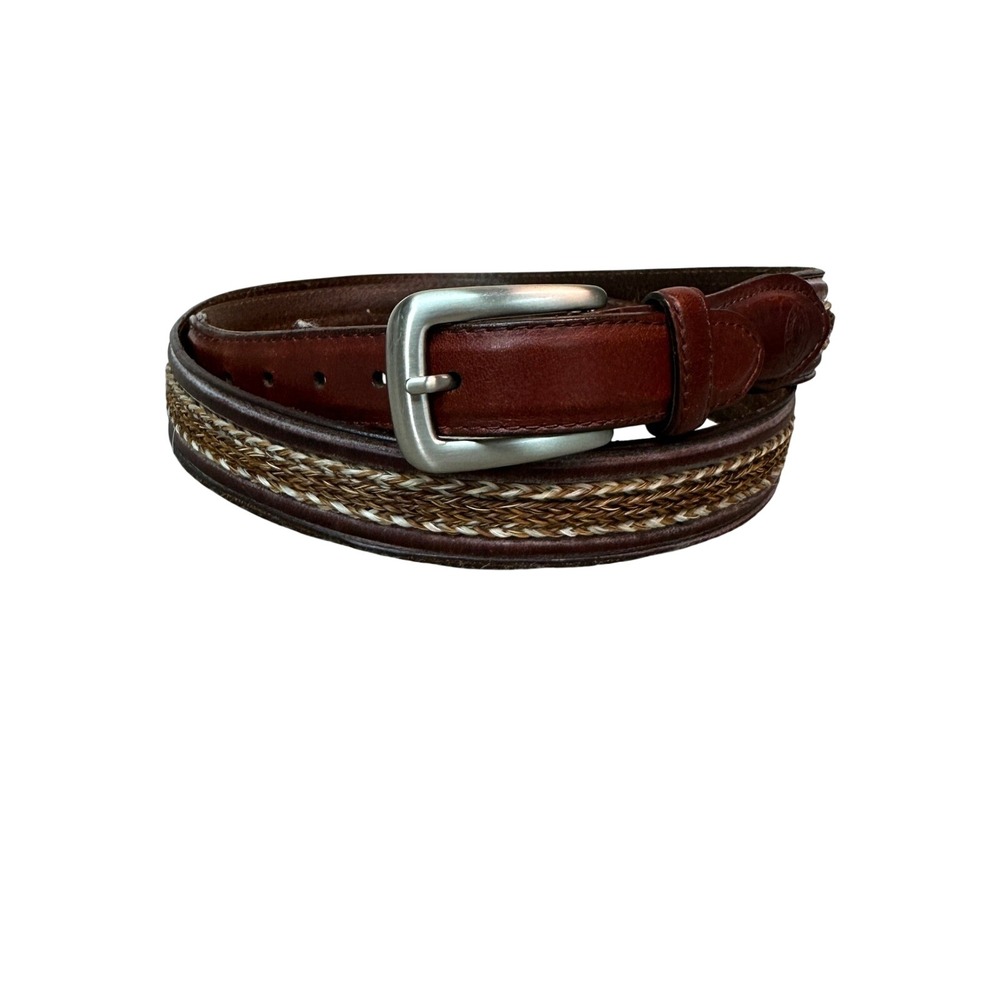 HS Trask Mens Mahogany Leather Belt Braided Horsehair Inlay Silver Buckle Sz 44